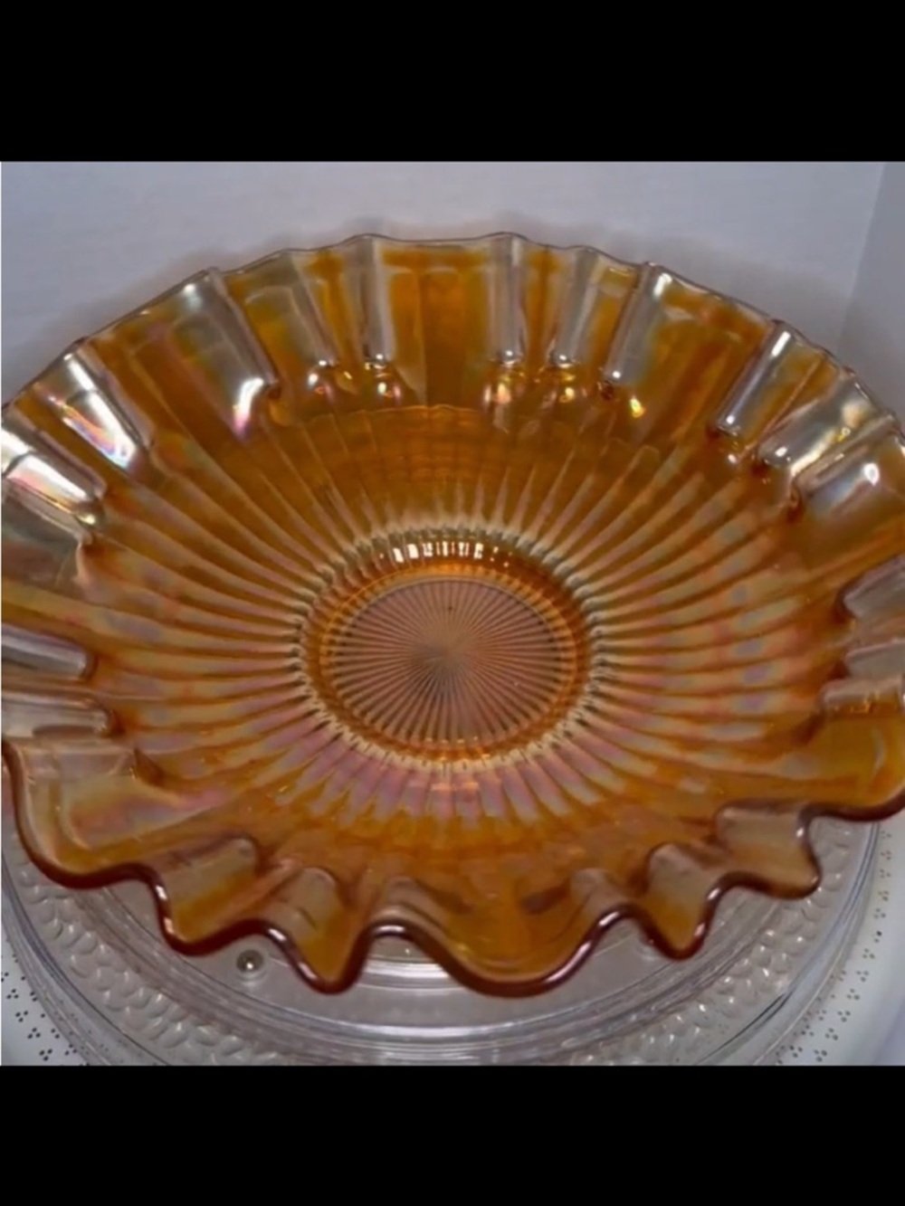 Vintage Fenton Stippled Rays Carnival Glass Bowl – Marigold / Apricot Iridescent